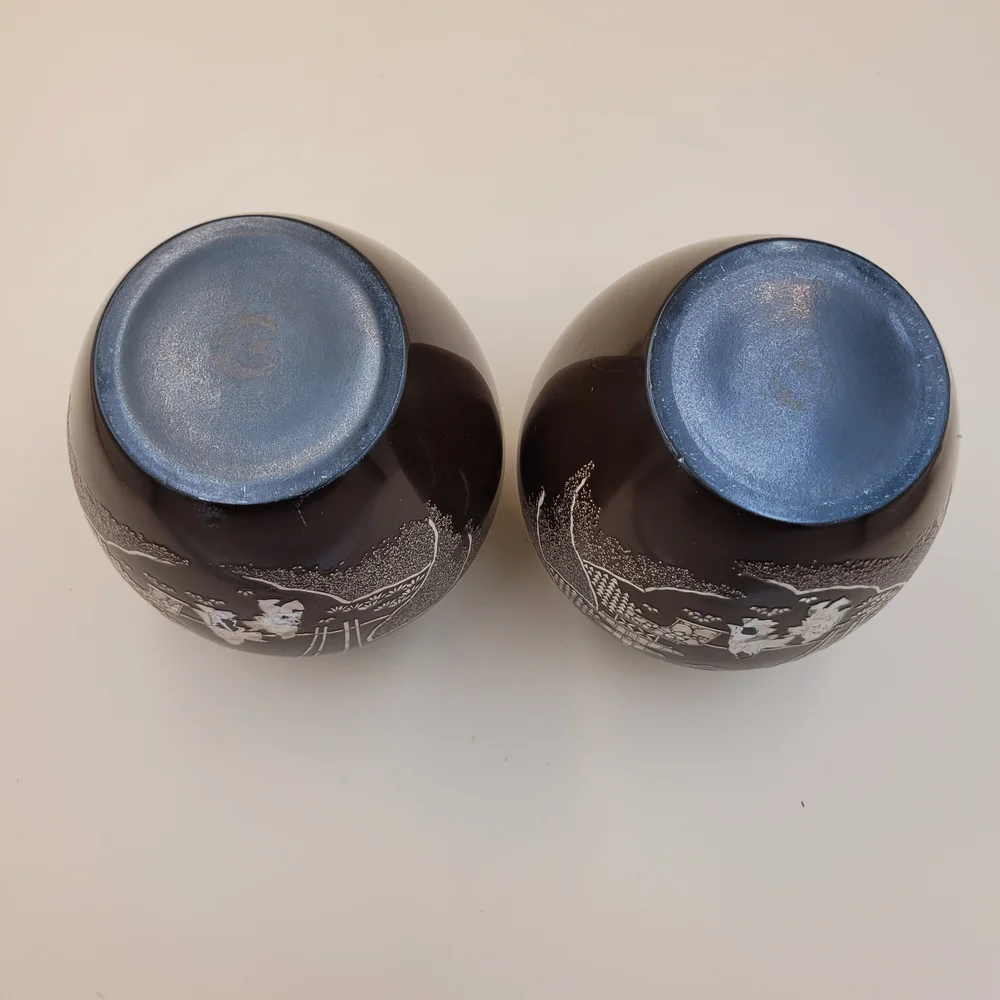2 Vintage Asian Lacquer Vase, Mother of Pearl Inlay, Pagoda Garden Scene, 5.25